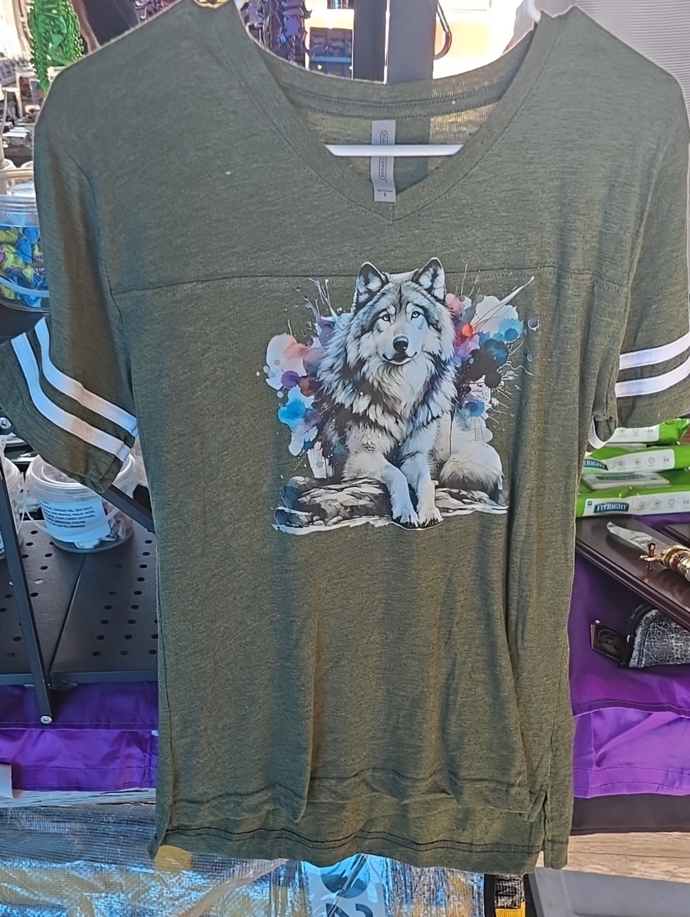 Kids Olive Green Wolf Graphic V-Neck Tee
